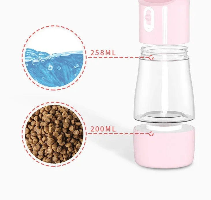 Pink portable pet water and food dispenser with 258ml water & 200ml dry food capacity for dogs or cats
