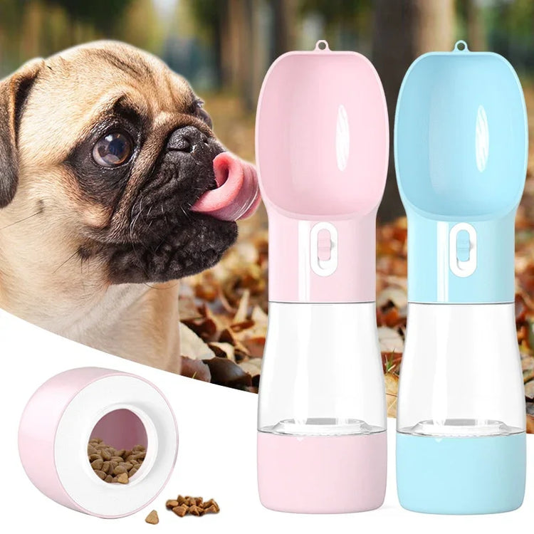 Portable dog water bottle with food dispenser, pink and blue travel pet feeders for walks