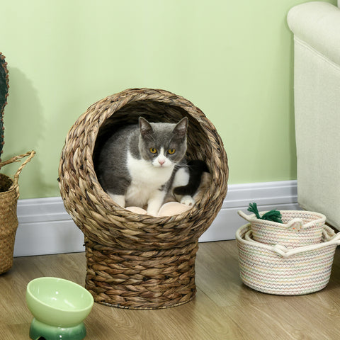 Handwoven Elevated Cat Bed with Soft Cushion & Egg Chair Shape, Basket Bed Kitty House with Stand, Raised Wicker House for Indoor Cats, 20