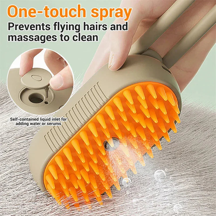 One-touch spray pet grooming brush with orange bristles for cleaning and massaging fur