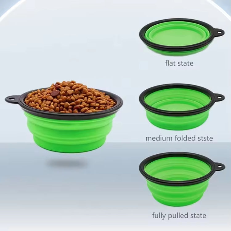 Green collapsible pet bowl with dry food, shown in flat, medium, and fully pulled states for travel.