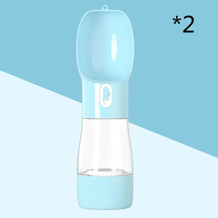 Portable pet water bottle for dogs and cats, light blue travel feeder with clear reservoir