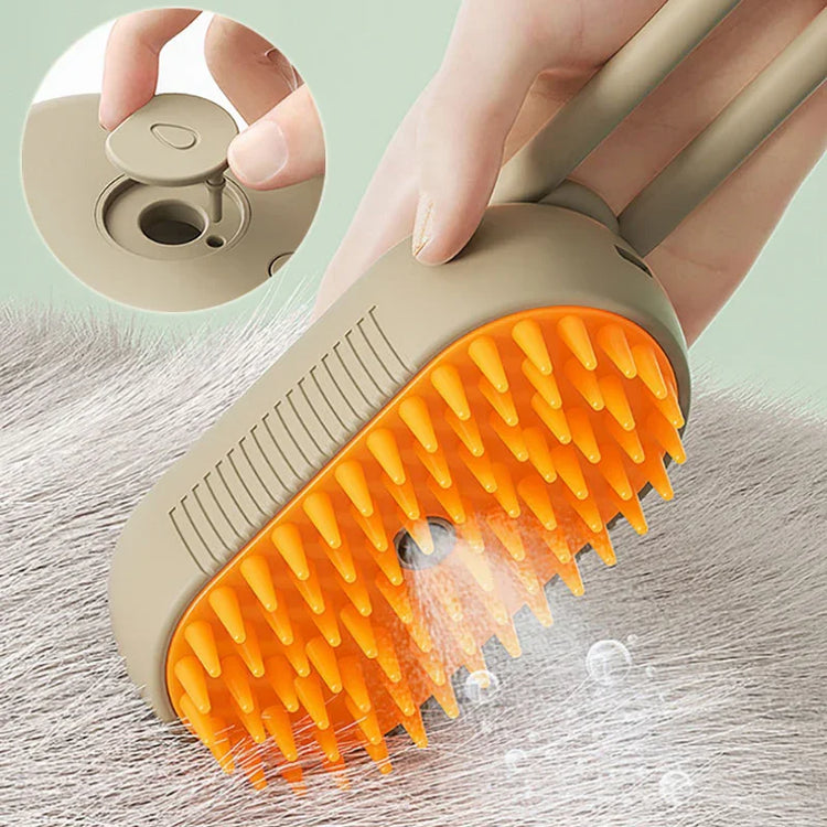 Pet grooming brush with orange bristles and mist spray for dog or cat fur care