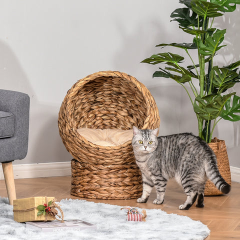Handwoven Elevated Cat Bed with Soft Cushion & Egg Chair Shape, Basket Bed Kitty House with Stand, Raised Wicker House for Indoor Cats, 23.5