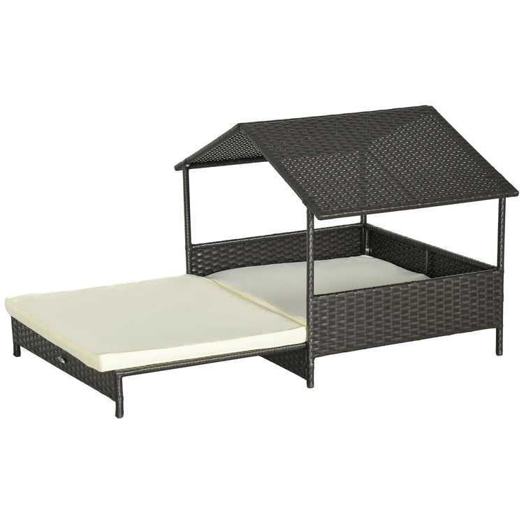 Outdoor Dog Bed Extendable Wicker Dog Bed w/ Waterproof Roof, Soft Cushion, for Small and Medium Dogs, Cream White