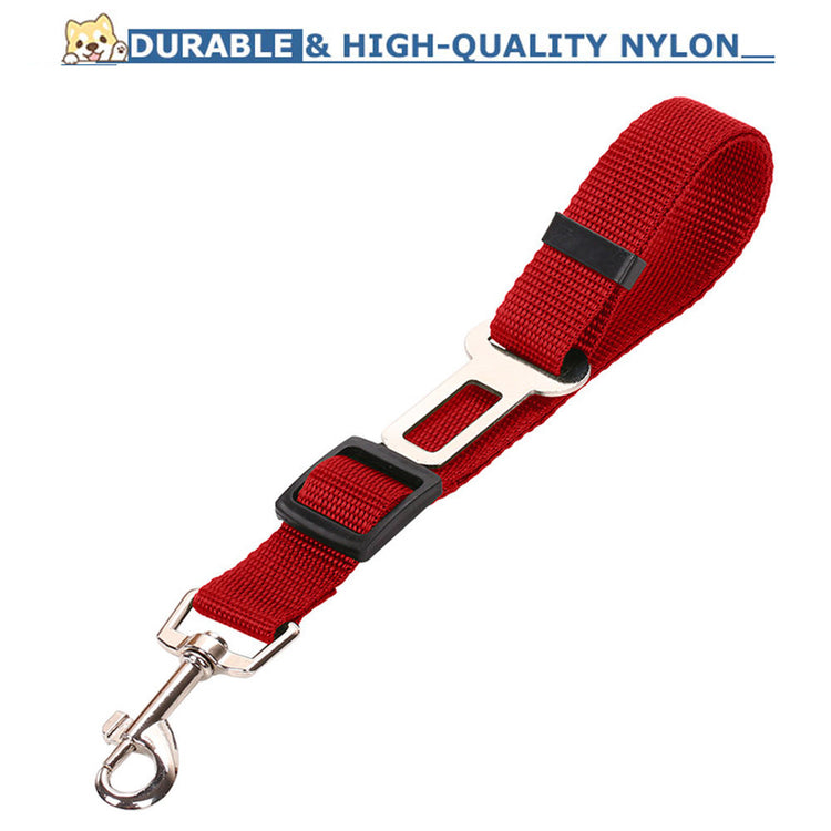 Red durable nylon dog leash with metal clasp and seatbelt-style buckle for safe pet travel