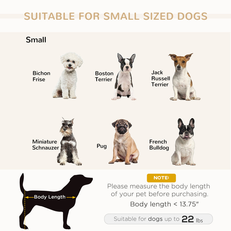 Small dog breeds guide: Bichon Frise, Boston Terrier, Jack Russell, Mini Schnauzer, Pug, French Bulldog. Measures under 13.75" body length, up to 22 lbs.