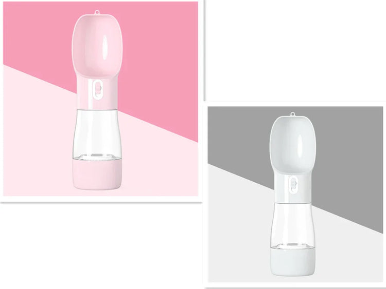 Portable pet water bottle in pink and white, ideal for dog walks and travel