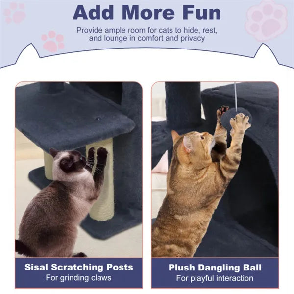 Cat tree with sisal scratching posts and plush dangling ball for playful feline fun and comfort