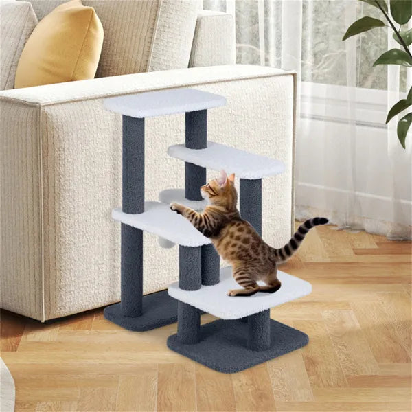 Cat playing on multi-level cat tree with plush platforms and scratching posts, perfect for indoor cat accessories.