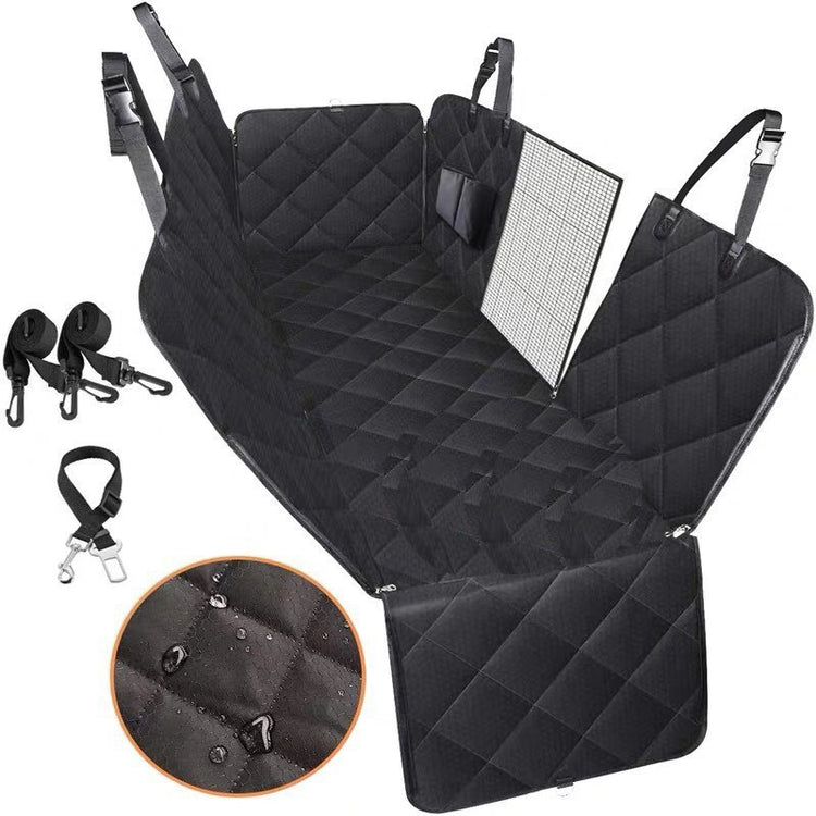 Black quilted waterproof dog car seat cover with safety straps and mesh window for pets
