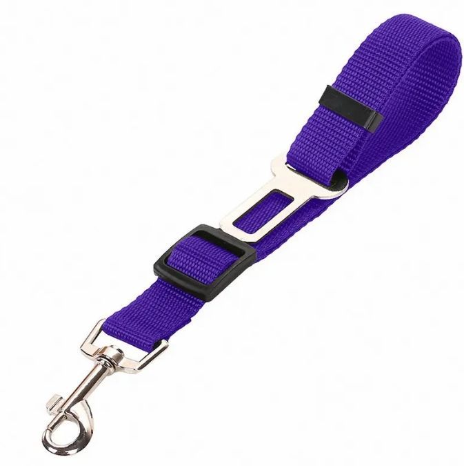 Purple dog seatbelt harness with metal clasp for car safety