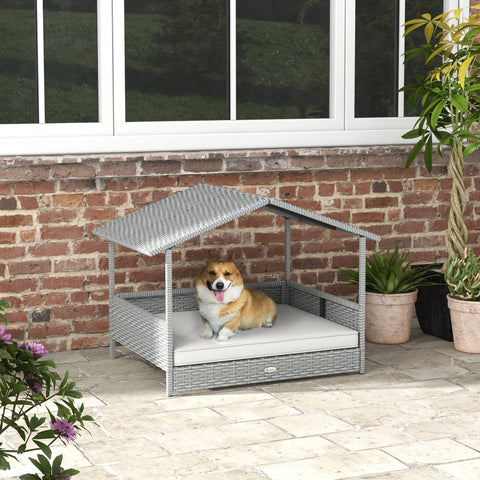 Wicker Dog House Outdoor with Canopy, Rattan Dog Bed with Water-resistant Cushion, Raised Pet Bed for Small, Medium Breeds up to 66 lbs, 20