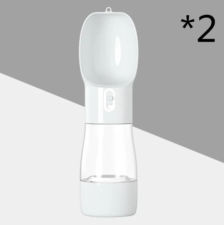 Portable pet water bottle for dogs and cats, leak-proof design with clear reservoir and white cap