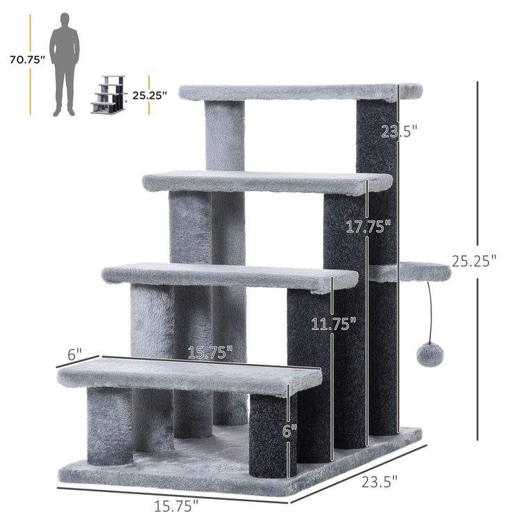 Gray multi-level cat tree with scratching posts and hanging toy, perfect for cat play and rest