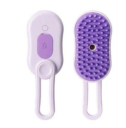 Purple pet grooming brush with soft silicone bristles and ergonomic handle for gentle dog or cat brushing