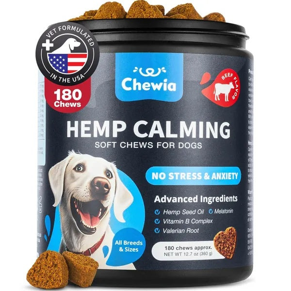 Chewia Hemp Calming Soft Chews for Dogs – Beef Flavor, Vet Formulated, 180 Chews for Anxiety Relief