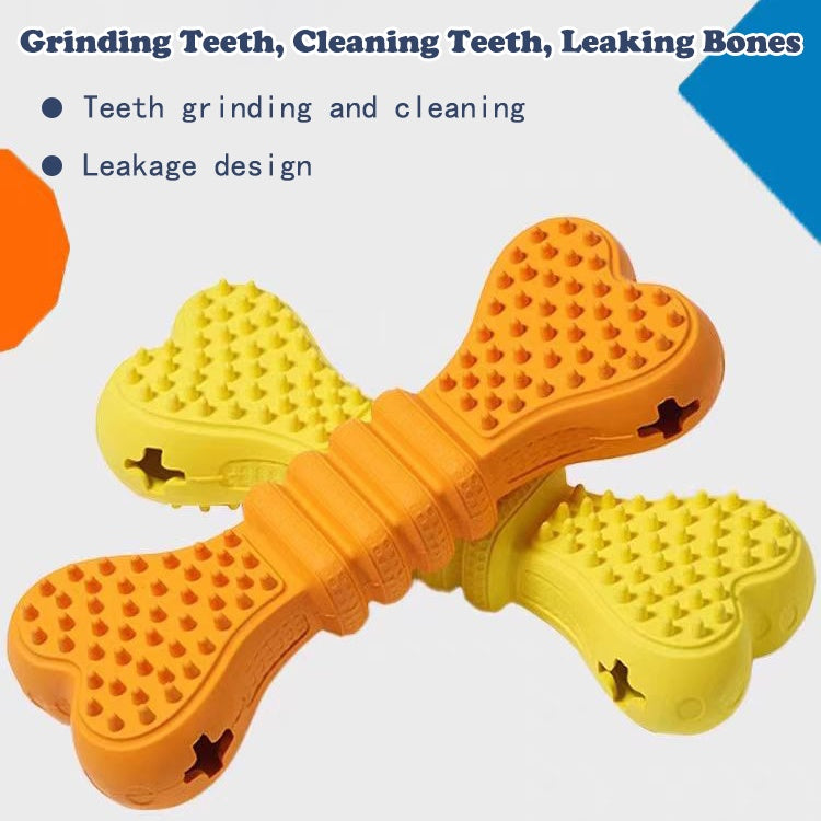 Orange and yellow bone-shaped dog toys for teeth grinding and cleaning with leakage design