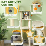 63 Inch Moon and Star Themed Cat Tree with Scratching Post, Hammock, Condo, Bed, Scratching Board & Cat Toys, Beige