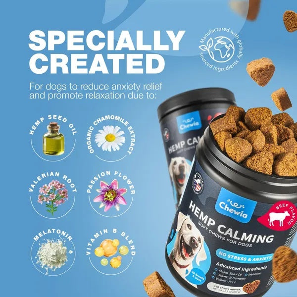 Hemp Calming Soft Chews for Dogs with chamomile, valerian root, and melatonin to reduce anxiety and promote relaxation