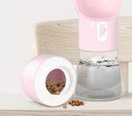 Pink pet water dispenser with built-in food bowl for dogs or cats, featuring clear water reservoir and dry kibble storage