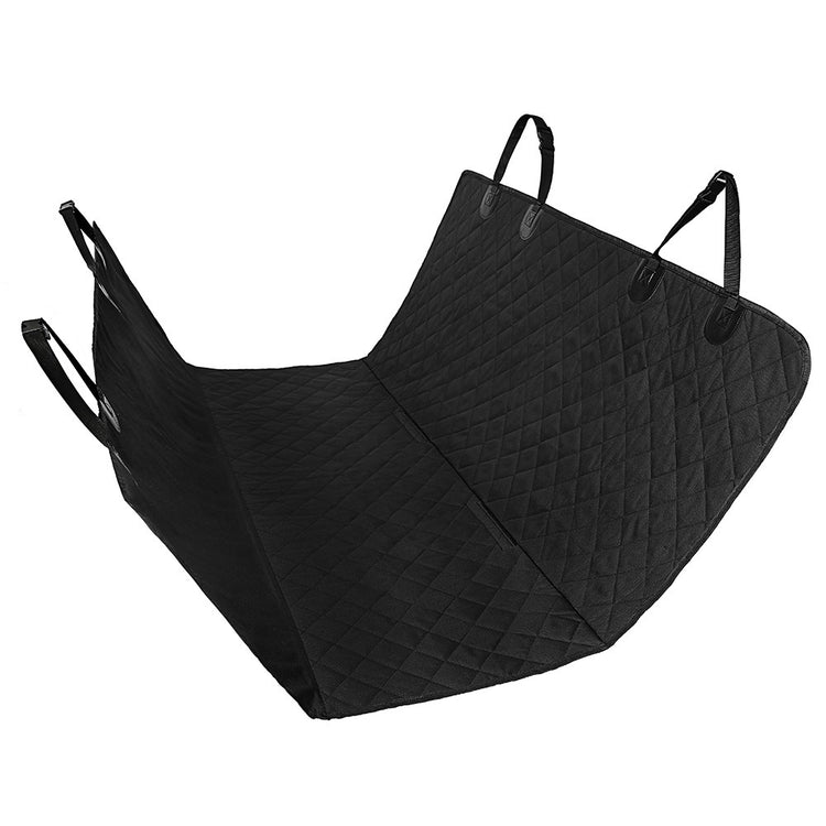 Black quilted pet car seat cover with side flaps and straps for dog or cat travel protection
