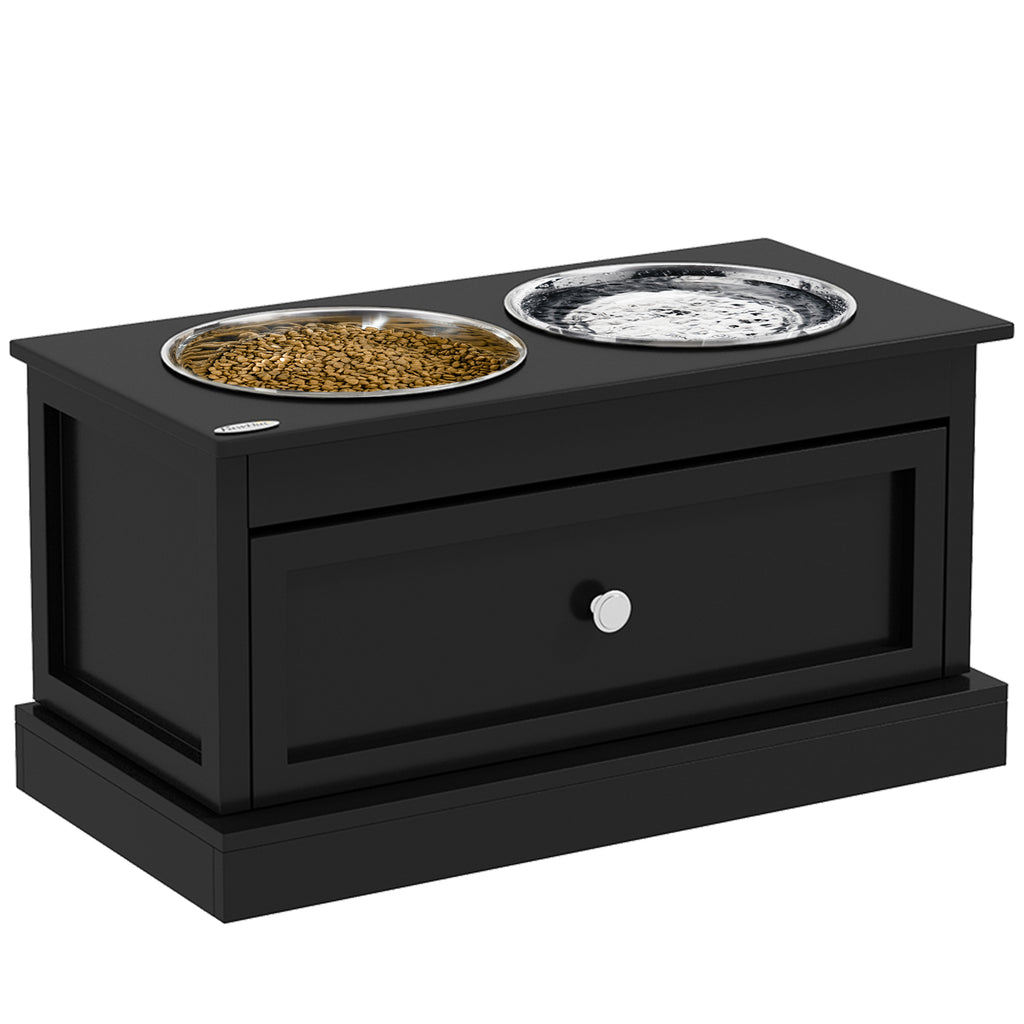 Black elevated pet feeder with two stainless steel bowls for dog food and water, featuring storage drawer