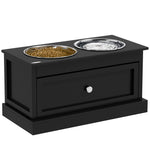 Black elevated pet feeder with two stainless steel bowls for dog food and water, featuring storage drawer