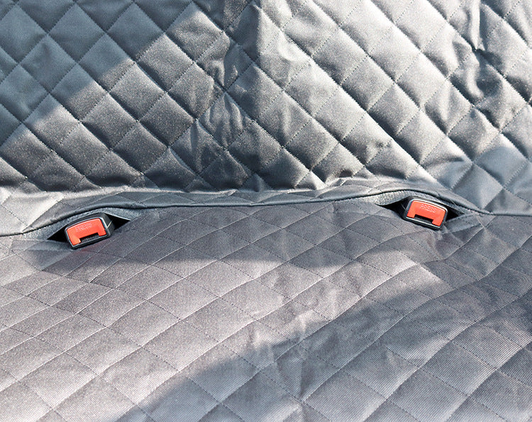 Gray quilted pet car seat cover with red seatbelt clips for dog and cat travel safety