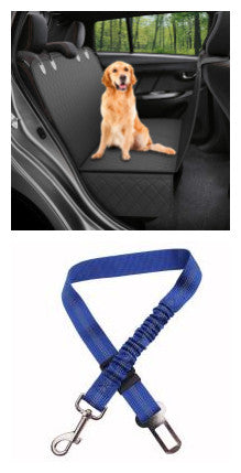 Golden retriever on car seat cover with blue pet safety harness for dogs
