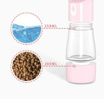 Pink portable pet water and food dispenser with 258ml water & 200ml dry food capacity for dogs or cats