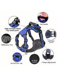 Blue dog harness with air mesh padding, reflective trim, top handle, and 4-way adjustment for comfort and control.