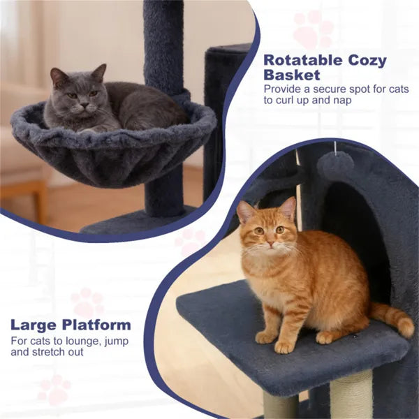 Cozy cat tree with rotatable basket and large platform for lounging, jumping, and napping
