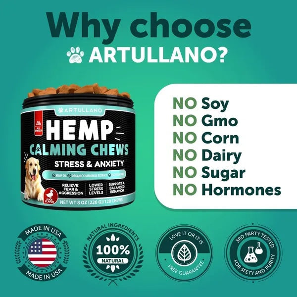 Artullano Hemp Calming Chews for dogs – stress & anxiety relief, no soy, GMO, corn, dairy, sugar, or hormones