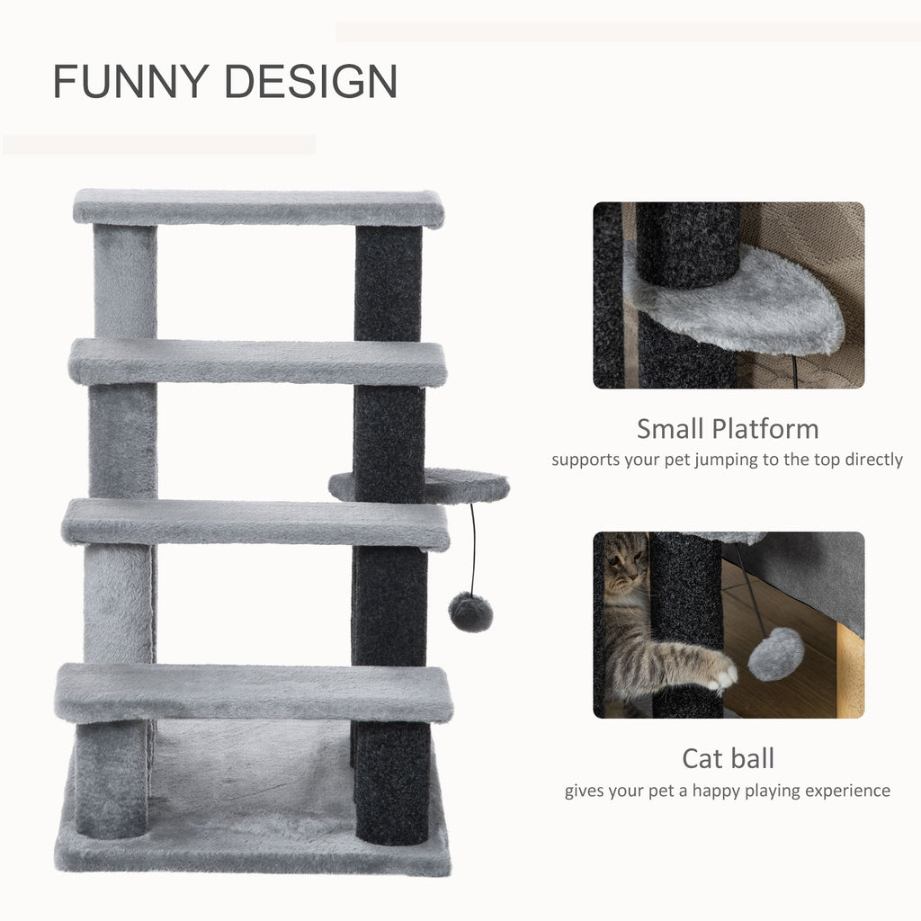 Gray multi-level cat tree with scratching posts and hanging toy ball for playful feline fun and exercise