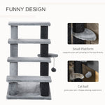 Gray multi-level cat tree with scratching posts and hanging toy ball for playful feline fun and exercise