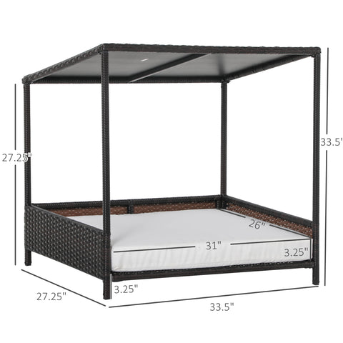Wicker Dog House Raised Rattan Puppy Bed Cat Shelter for Indoor Outdoor Garden Patio Pet Sofa with Removable Cushion for Medium Sized Pet Brown
