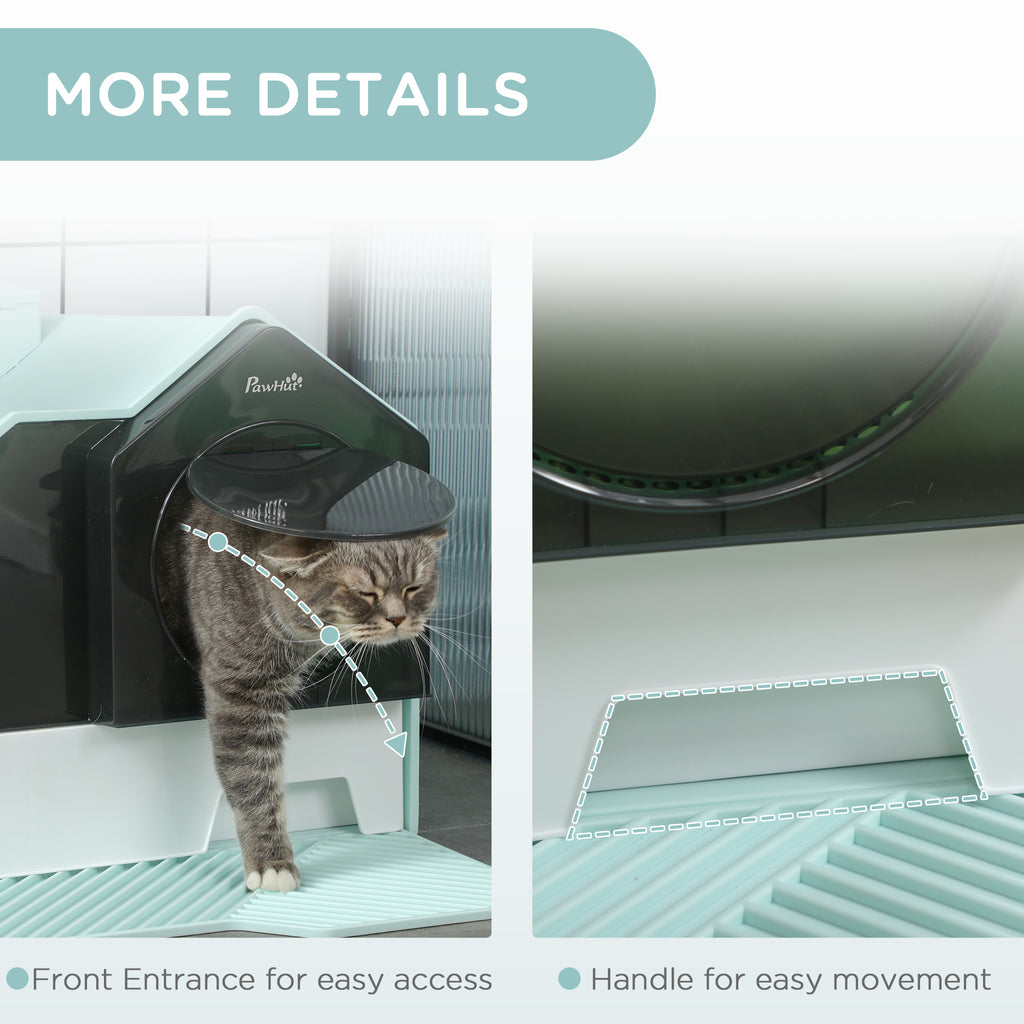 Hooded Cat Litter Box w/ Litter Mat, Litter Particle Catching, Light Blue