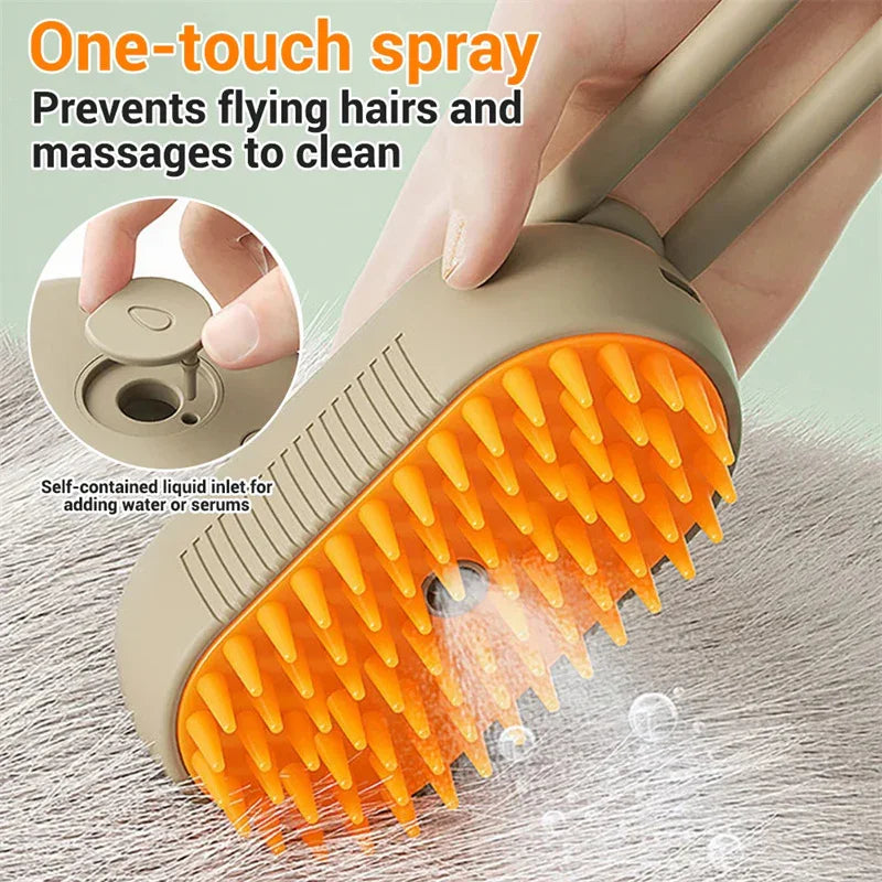 One-touch spray pet grooming brush with orange bristles for cleaning and massaging fur