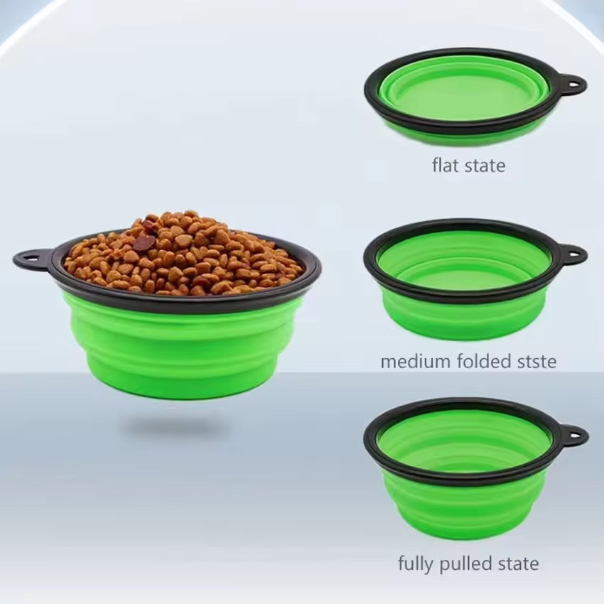 Green collapsible pet bowl with dry food, shown in flat, medium, and fully pulled states for travel.