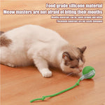 Cat playing with green silicone cat toy on wood floor, safe for biting and chewing