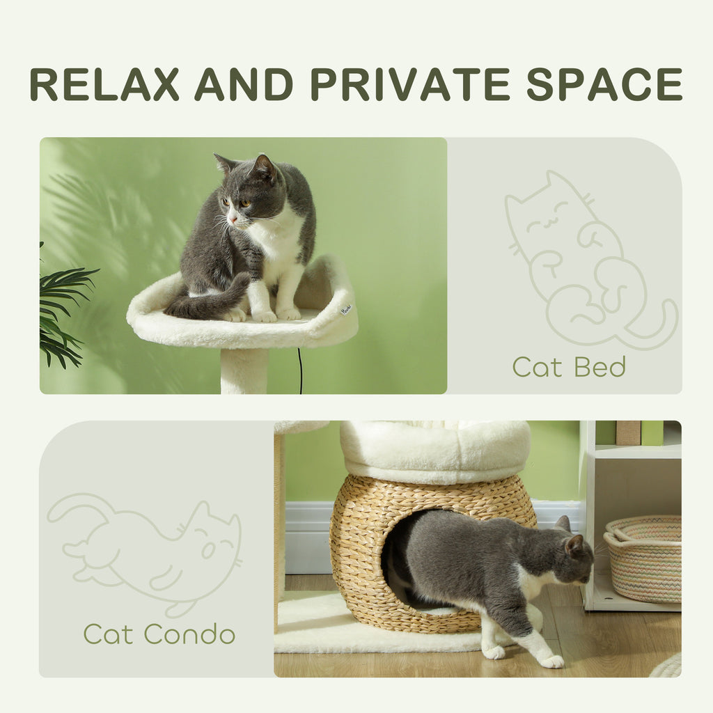 31" Cat Tree Tower with Scratching Posts, Cat Condo, Beds, Platform and Toy Ball for Indoor Cats, Cream White