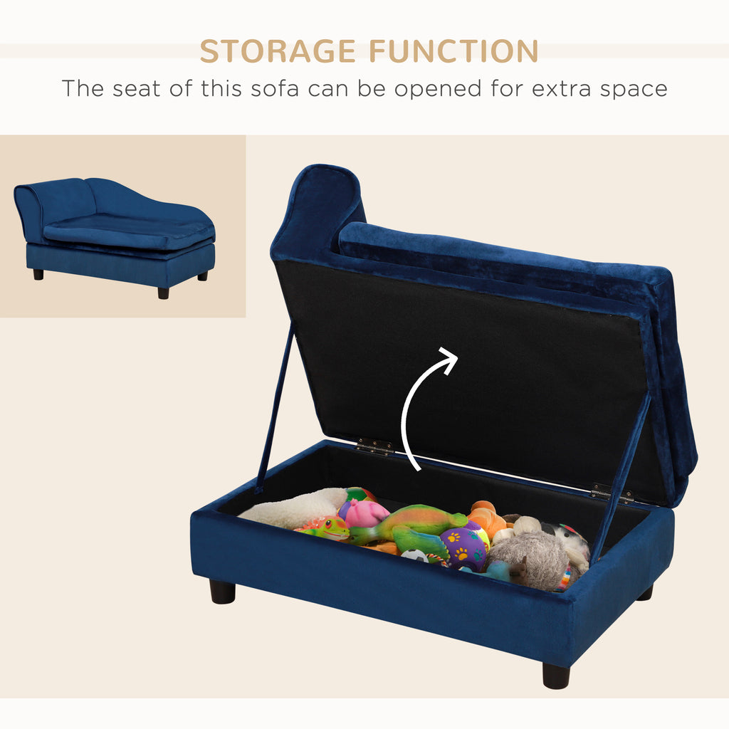 Blue pet sofa with storage compartment filled with dog toys and accessories