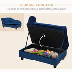 Blue pet sofa with storage compartment filled with dog toys and accessories