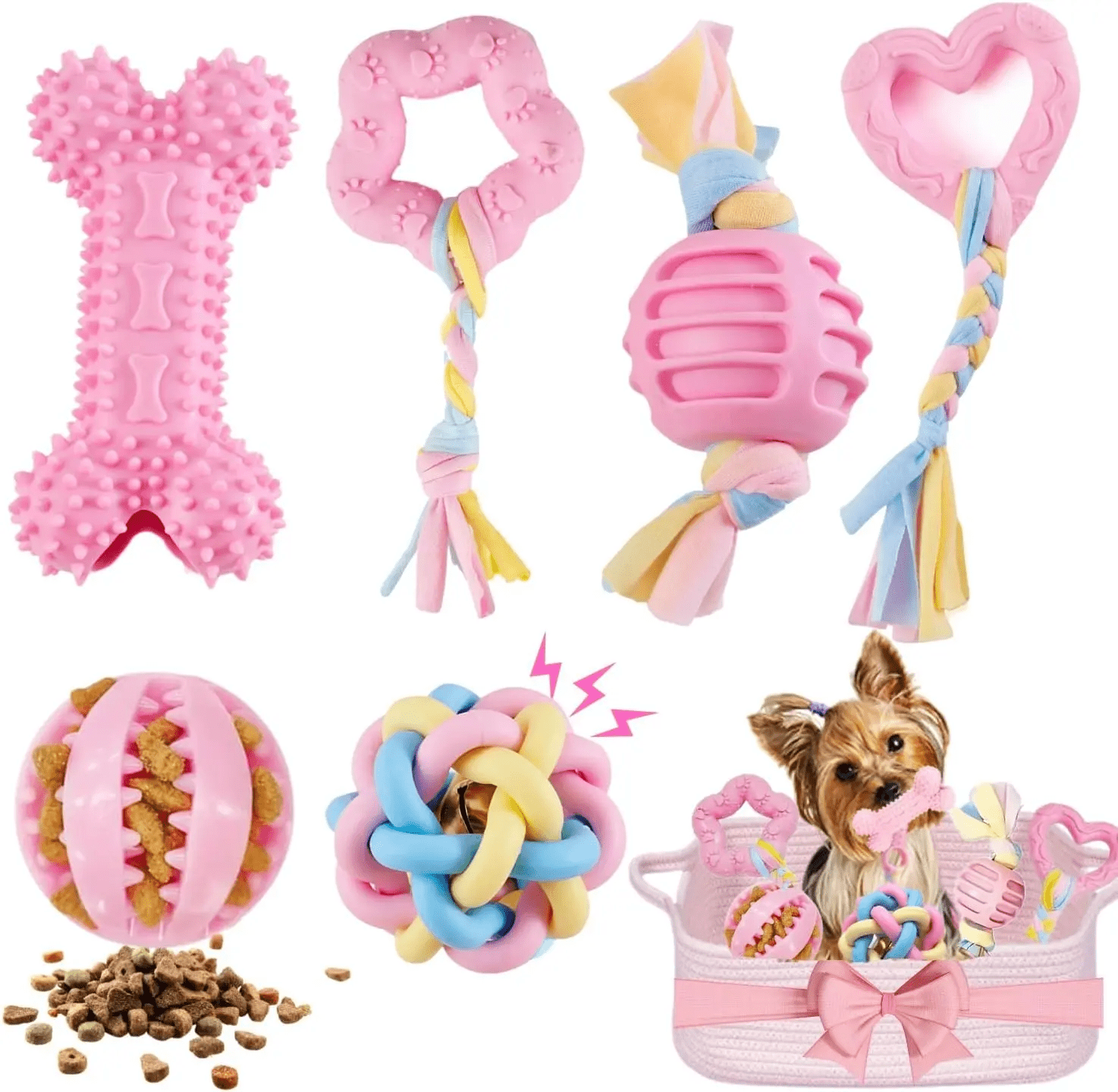 Pink Puppy Chew Toys 6-Pack, Soft Durable Rubber Teething Toys for Puppies & Small Dogs, Safe Non-Toxic Interactive Dog Toys for Small Breeds, Gentle on Teeth & Gums (Basket Not Included)