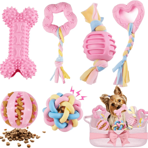 Pink Puppy Chew Toys 6-Pack, Soft Durable Rubber Teething Toys for Puppies & Small Dogs, Safe Non-Toxic Interactive Dog Toys for Small Breeds, Gentle on Teeth & Gums (Basket Not Included)