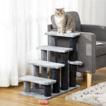 Gray cat on multi-level cat tree with scratching posts and steps, perfect cat accessory for home comfort.