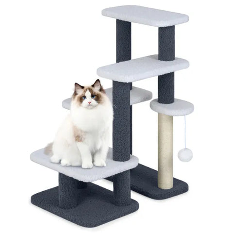 Fluffy cat on multi-level cat tree with scratching posts and toy, ideal cat accessories for play and rest.