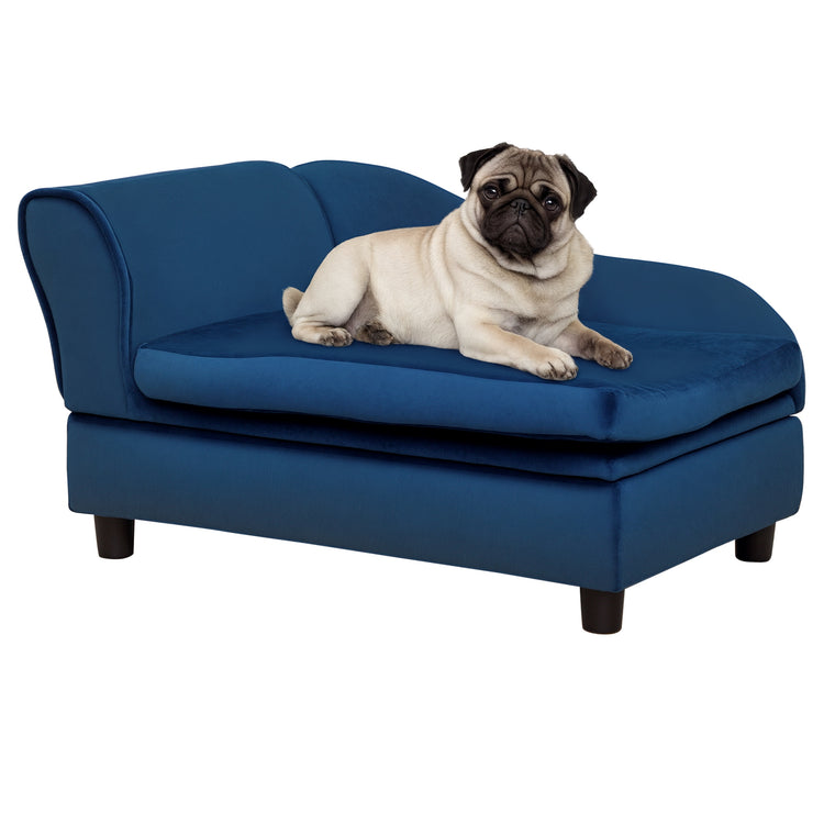 Pug resting on a plush blue dog bed, perfect for pet comfort and style