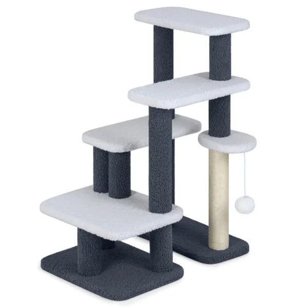 Multi-level cat tree with scratching posts and plush platforms for climbing and play